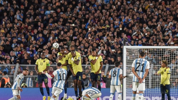 Lionel Messi pictured (no.10) scoring direct from a free-kick in Argentina's 1-0 win over Ecuador in September 2023